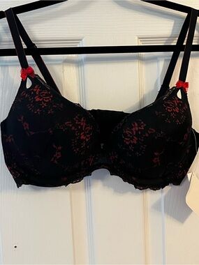 Avenue Black Lace Bra with Red Floral Accents